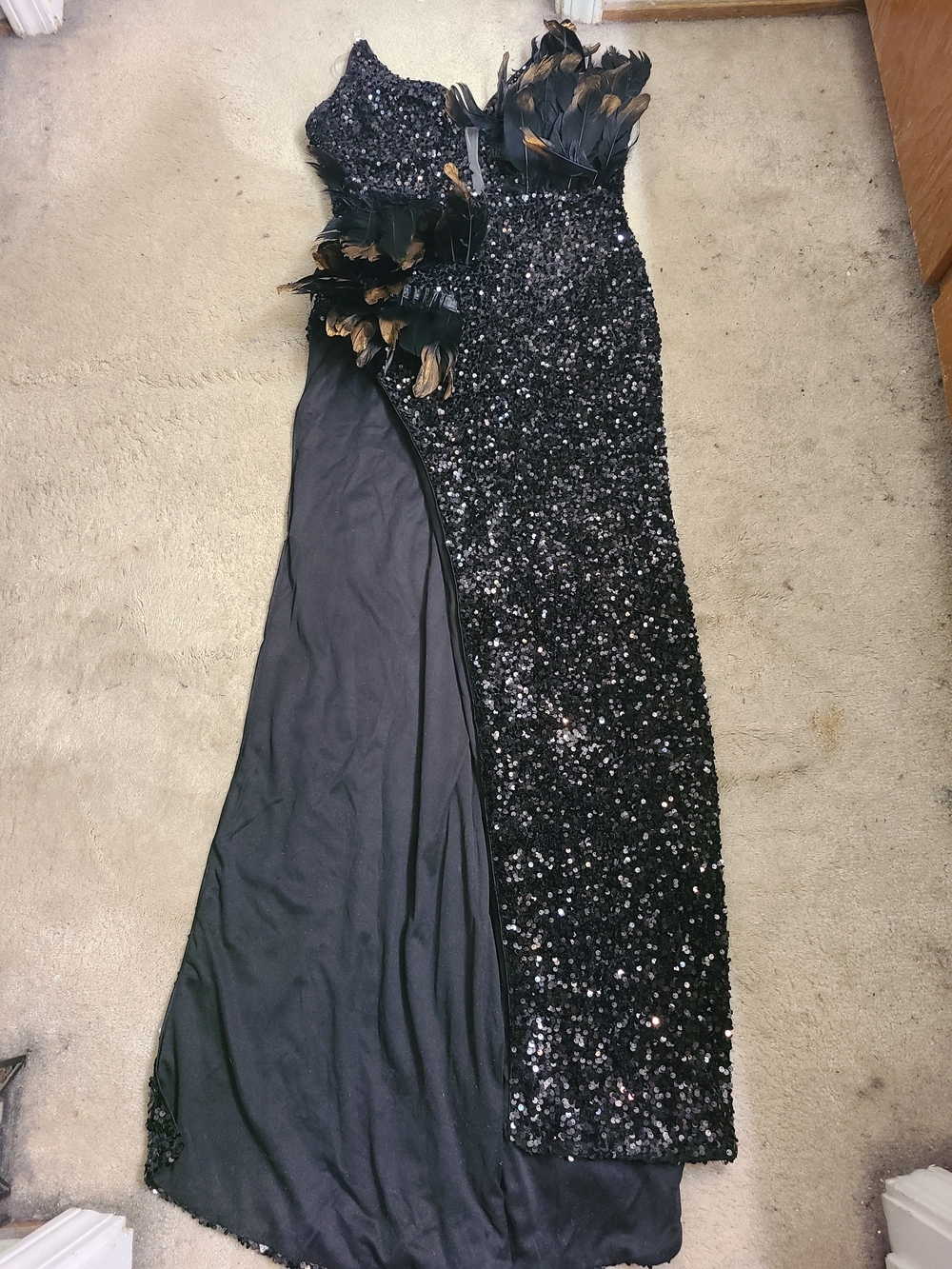 Black Sequin Evening Gown with Feather Detail